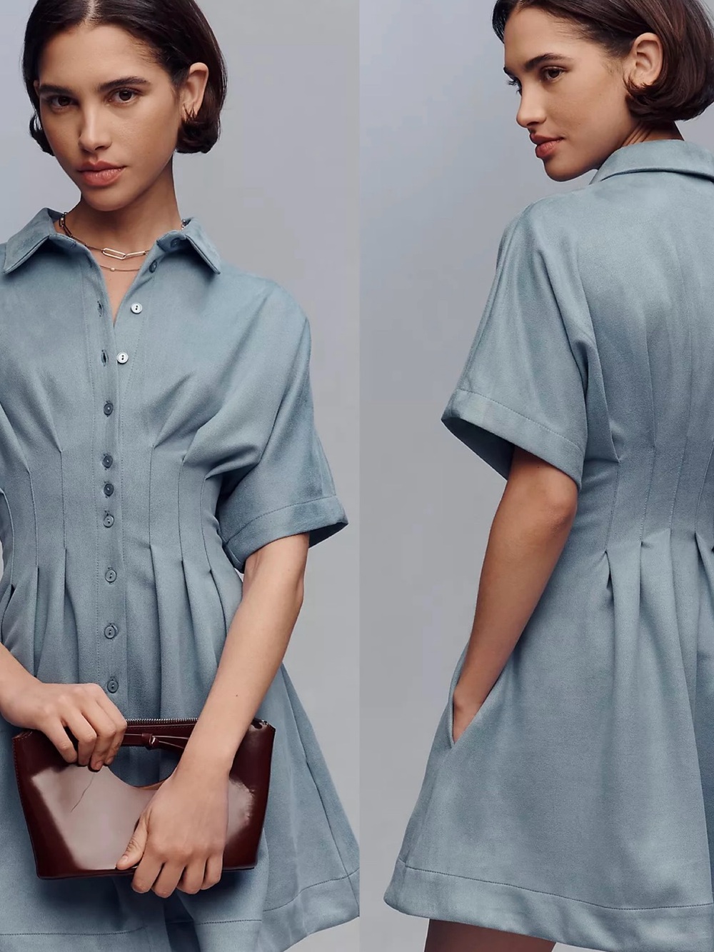 NWT $198 Anthropologie x Exquise Light Blue Tobie Faux Suede Mini Shirtdress XL